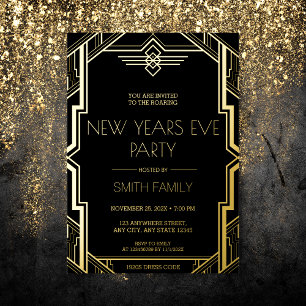 Invitation En Aluminium Fête du Nouvel An Gatsby Art Déco noir et or