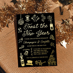 Invitation En Aluminium Fête du Nouvel An Moderne à la Main avec Doodle