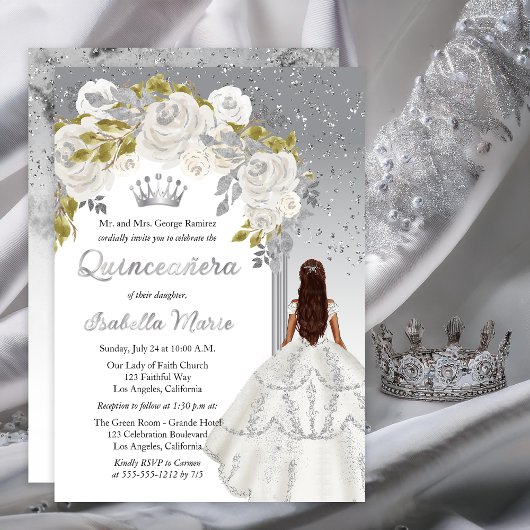 Invitation En Aluminium Fête Élégante de Quinceañera aux Roses Blanches et