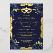 Invitation En Aluminium Fête Masquerade Marine Dentelle florale Quinceaner (Recto)
