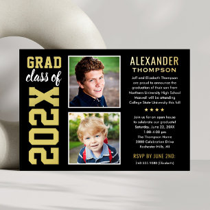 Invitation En Aluminium Fête Photo « Bold Black Gold 2026 Then and Now »