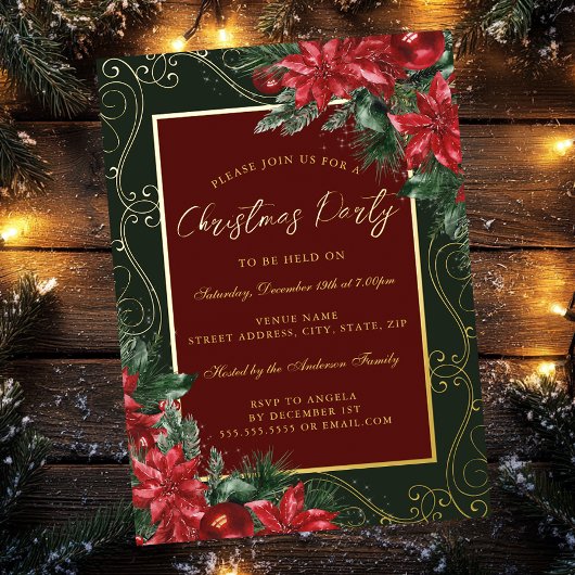 Invitation En Aluminium Fête Rouge Vert Festif Floral Frame de Noël