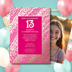Invitation En Aluminium Fête surprise pour 13e anniversaire Rose fuchsia p