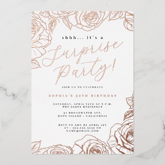 Invitation En Aluminium Fête surprise Rose Gold Script Rose (Recto)