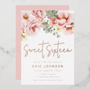 Invitation En Aluminium Fête Sweet 16 Fleurs Rose Poussiéreuse Or Rose