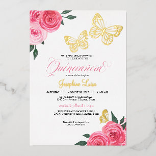 Invitation En Aluminium Fêtes de Quinceañera Roses Papillon Rose Réel