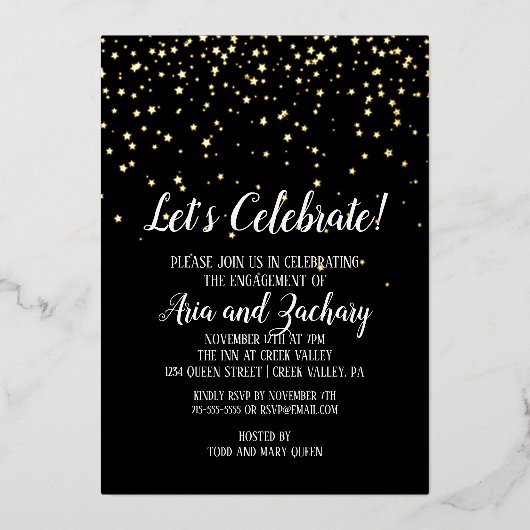 Invitation En Aluminium Fêtons les Confettis dorés sur Fond noir Engagemen (Recto)