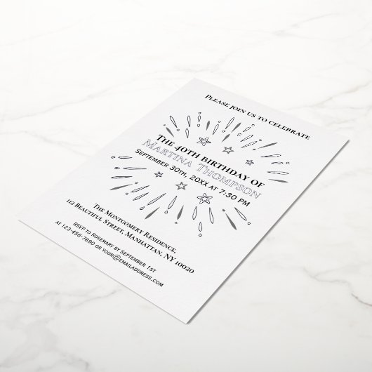 Invitation En Aluminium Feu d'artifice 40e fête d'anniversaire noir blanc (Rotation)