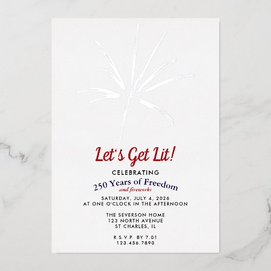 Invitation En Aluminium Feu d'artifice d'argent clair 250 ans 4 juillet (Recto)