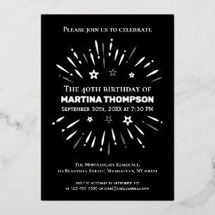 Invitation En Aluminium Feu d'artifice noir blanc gris 40e fête d'annivers