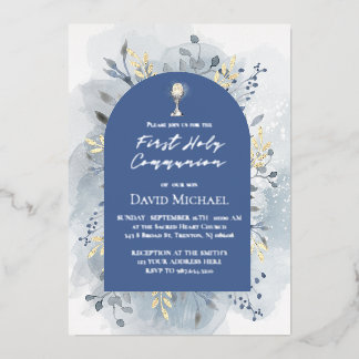 Invitation En Aluminium Feuillage bleu Première Sainte Communion