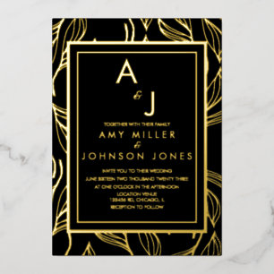 Invitation En Aluminium Feuillage botanique or noir mariage pressé