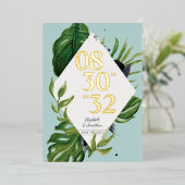 Invitation En Aluminium Feuillage de jungle tropical moderne bleu enregist (Debout devant)