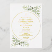 Invitation En Aluminium Feuillage de verdure Première Communion d'or (Recto)