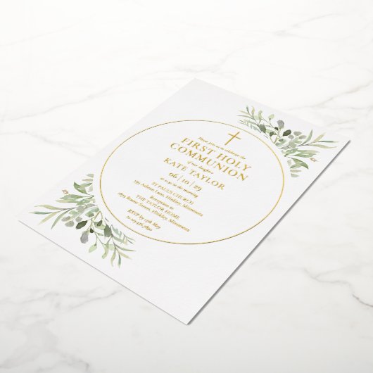 Invitation En Aluminium Feuillage de verdure Première Communion d'or (Rotation)