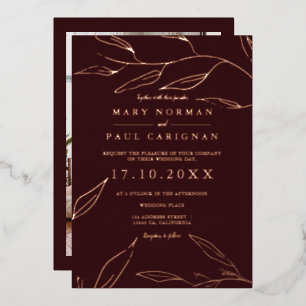 Invitation En Aluminium Feuillage rose moderne feuille d'or rouge chic mar