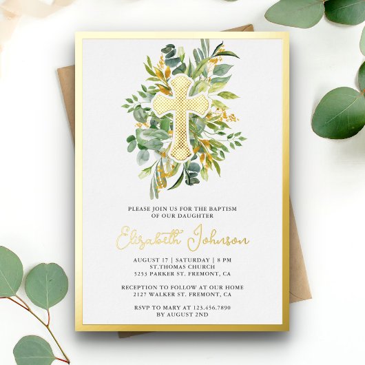 Invitation En Aluminium Feuillage rustique d'eucalyptus baptême or