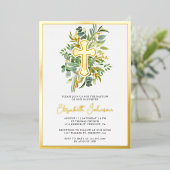 Invitation En Aluminium Feuillage rustique d'eucalyptus baptême or (Debout devant)