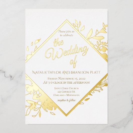 Invitation En Aluminium Feuille classique blanc et or (Recto)