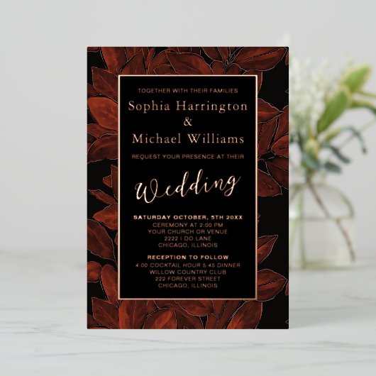 Invitation En Aluminium Feuille d'automne en feuille métallique modèle mod (Debout devant)