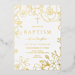 Invitation En Aluminium Feuille d'Or Floral Garçon ou Fille Baptême Doré