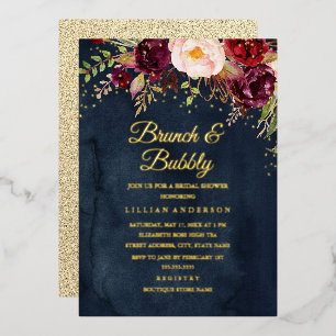 Invitation En Aluminium Feuille d'Or Floral Rouge Bourgogne Brunch Et Bubb