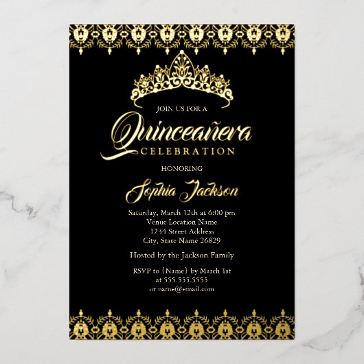 Invitation En Aluminium Feuille d'or noir Tiara Quinceanera (Recto)