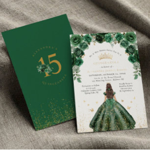 Invitation En Aluminium Feuille d'Or Quinceañera Floral Émeraude Vert