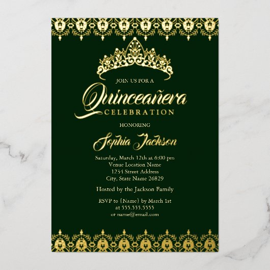 Invitation En Aluminium Feuille d'or Tiara Emerald Quinceanera (Recto)