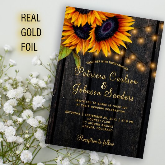 Invitation En Aluminium Feuille d'or tournesol rustique grange mariage en 