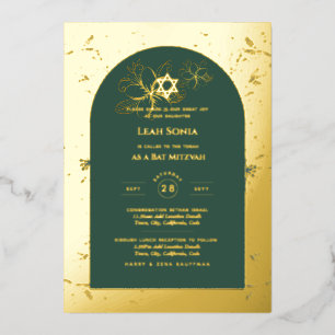 Invitation En Aluminium FEUILLE D'OR Vert Floral Formel Bat Mitzvah
