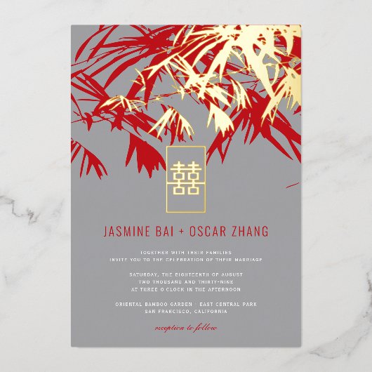 Invitation En Aluminium Feuille double Xi Mariage chinois gris et rouge ba (Recto)