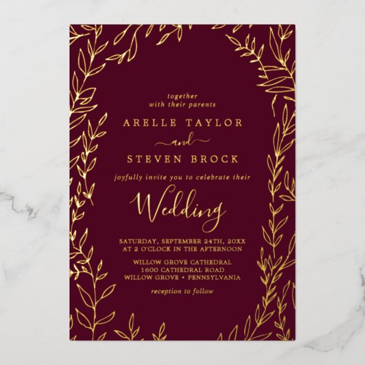 Invitation En Aluminium Feuille minimale | Gold Foil Bourgogne Mariage de  (Recto)