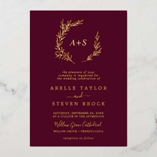Invitation En Aluminium Feuille minimale | Gold Foil Bourgogne Mariage Mon (Recto)