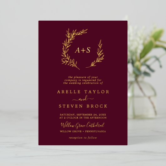 Invitation En Aluminium Feuille minimale | Gold Foil Bourgogne Mariage Mon (Debout devant)