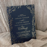Invitation En Aluminium Feuille minimale | Gold Foil Navy Blue Frame Maria<br><div class="desc">Cette carte de faire-part de mariage en feuille d'or bleu marine miniature est parfaite pour un mariage élégant. Le design se compose d'une simple silhouette de verdure au style minimaliste classique.</div>