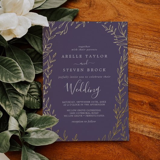 Invitation En Aluminium Feuille minimale | Plum violet et Mariage à huile 