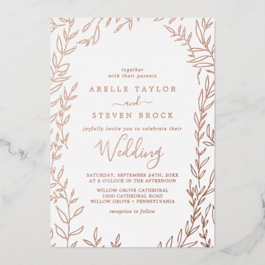 Invitation En Aluminium Feuille minimale | Rose Mariage de trames d'huile  (Recto)