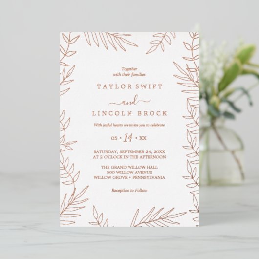 Invitation En Aluminium Feuille minimale | Rose Mariage de trames d'huile  (Debout devant)