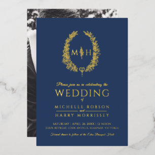 Invitation En Aluminium Feuille ovale ligne artistique mariage bleu marine