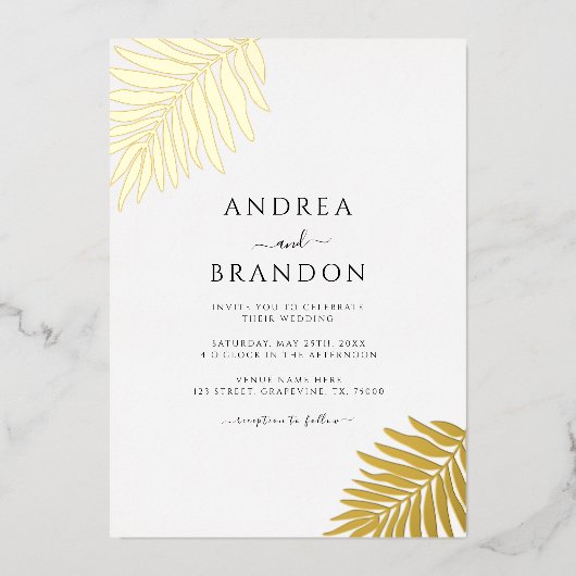 Invitation En Aluminium Feuilles de palmier simple Mariage Code QR Or (Recto)