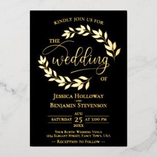 Invitation En Aluminium Feuilles d'or Élégantes sur Mariage Noir de Classe