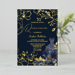 Invitation En Aluminium Feuilles d'or Quinceanera de la Marine profonde Fl