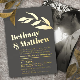Invitation En Aluminium Feuilles minimalistes en feuille d'or sur mariage 