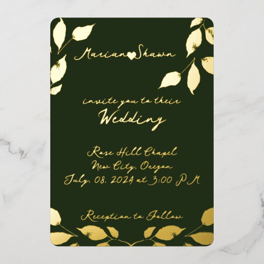 Invitation En Aluminium Feuilles minimaux d'or vert élégant (Recto)