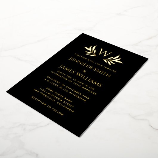 Invitation En Aluminium Feuilles Monogramme simple Élégant Black Gold Mari (Rotation)