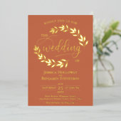 Invitation En Aluminium Feuilles or élégants sur Mariage Classy Terracotta (Debout devant)