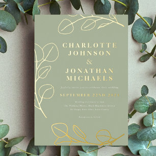 Invitation En Aluminium Feuilles Simples Modernes Vert Sauge et Or