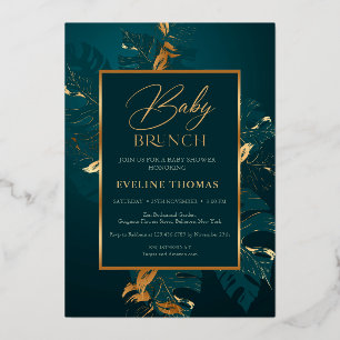 Invitation En Aluminium Feuilles verts de forêt et véritable feuille d'or