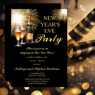 Invitation En Aluminium Feux d'artifice Champagne Nouvel An Black Gold